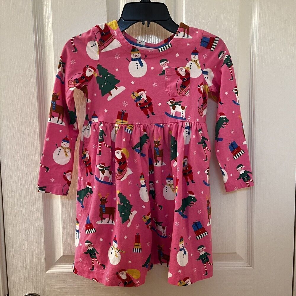Mini Boden Festive Fun Pink Christmas Dress Dinosaurs Santa Pockets Girls SZ 5-6